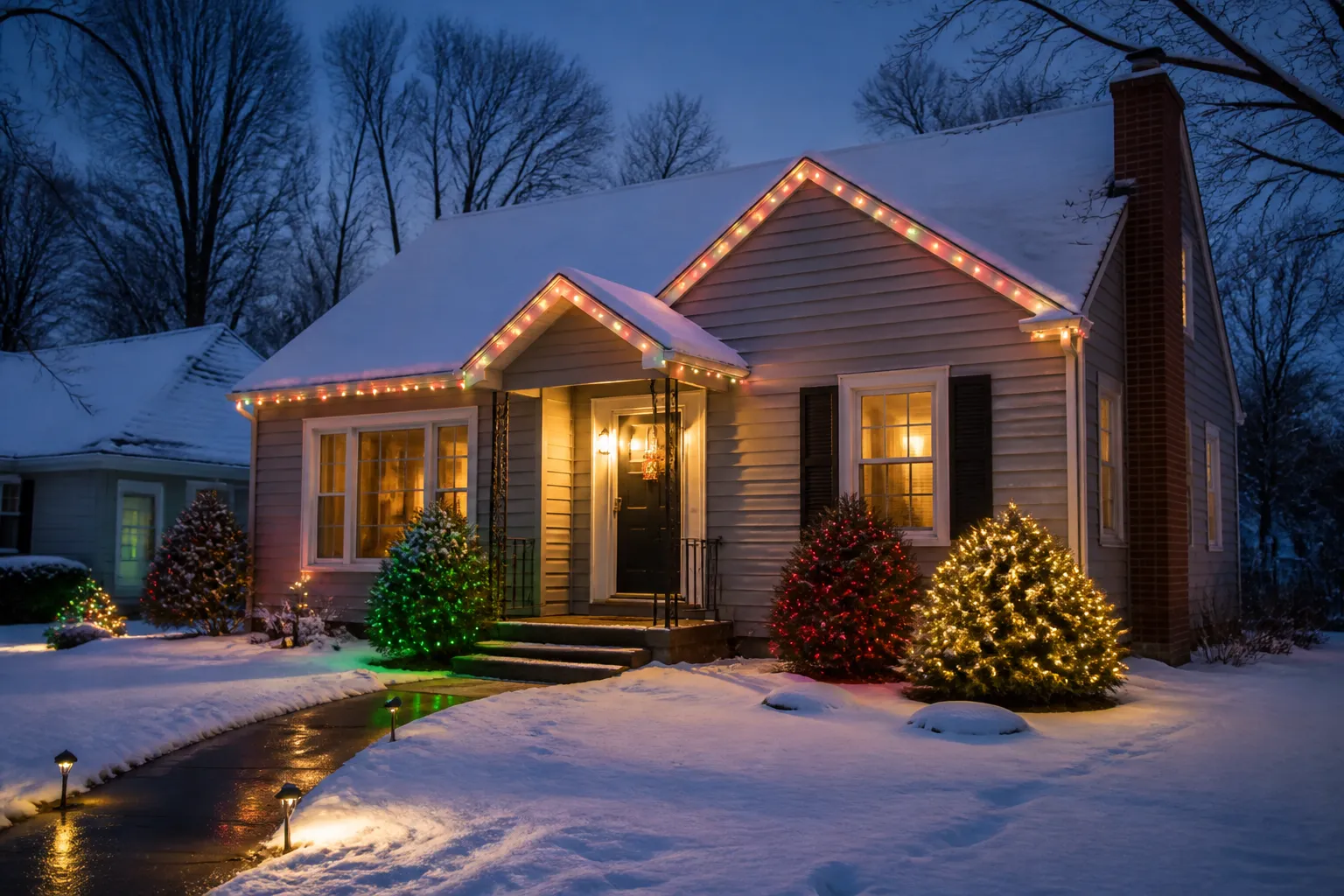 Colorful Christmas lights outlining a Midwestern home and illuminating evergreen shrubs after a light snowfall