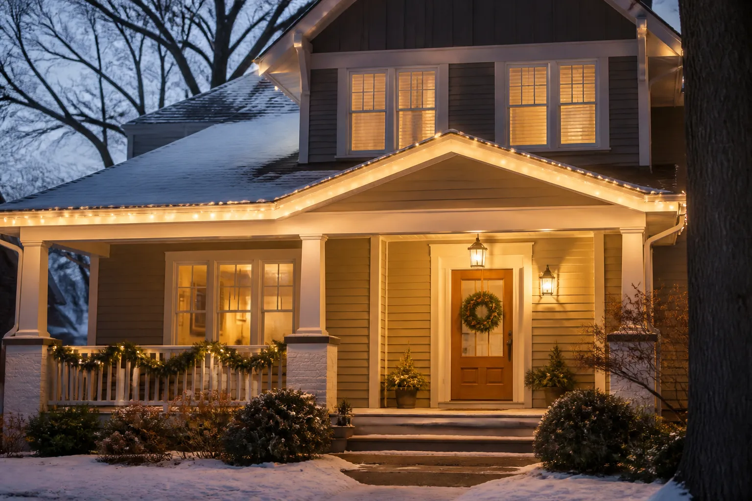 Warm white Christmas lights tracing the roofline and porch of a snowy Michigan home